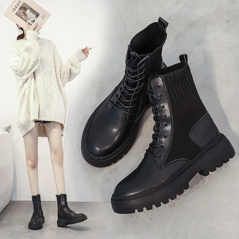 Boots Women's Short Boot Fur Women Casual Martin Autumn And Winter Socks Large Size Middle Tube Spring Black Shoes | Обувь