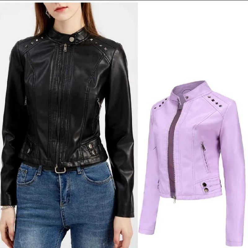 Rivet Short Leather Jackets Women Spring Autumn Long Sleeve Women's PU Leather Coat Thin Fashion Slim Street Coats