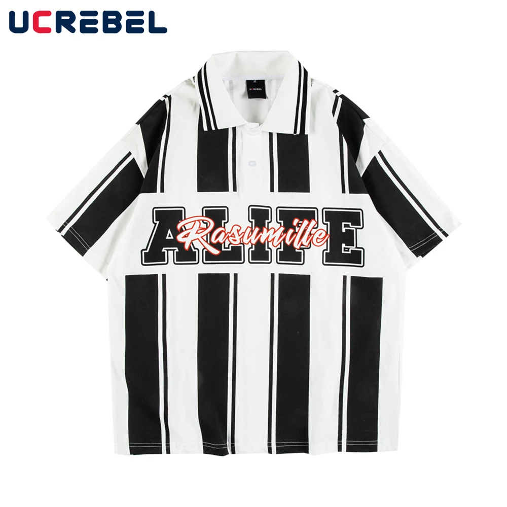 

Letter Print Striped Short Sleeve T-shirt Mens Summer Contrast Paneled Polo Shirt Casual Loose Wide Striped Half-Sleeve Men