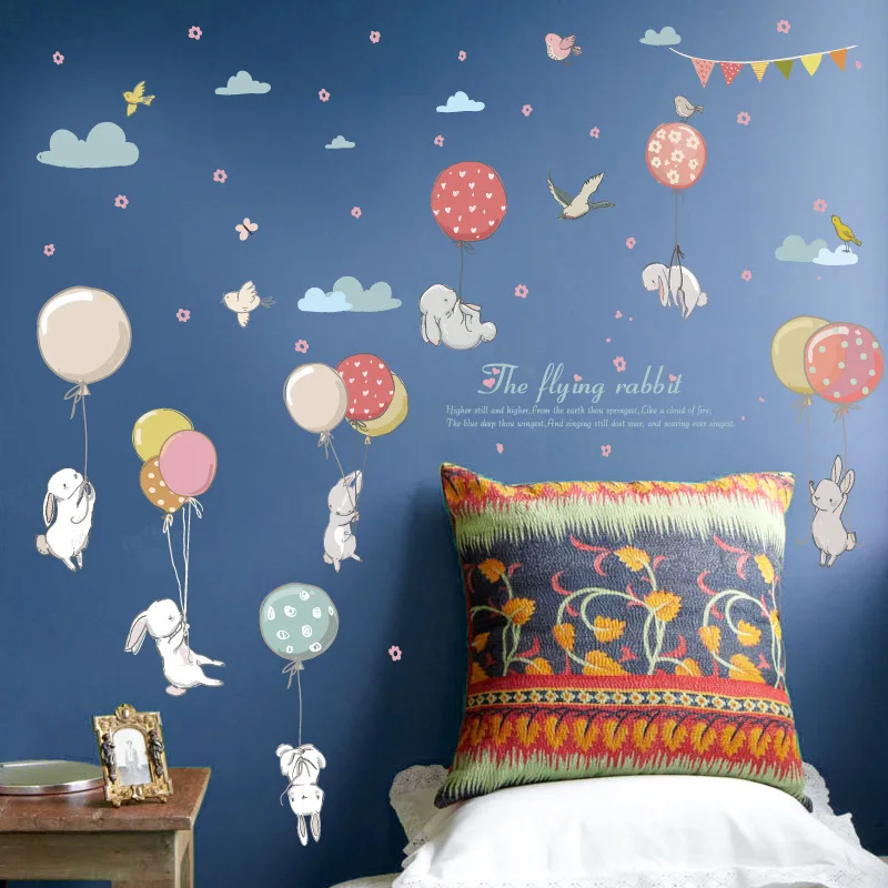 Cartoon Clouds DIY Mural Cute Balloon Rabbit Bunny wall sticker For Kids Room Decor Furniture Wardrobe bedroom Living Decal | Дом и сад