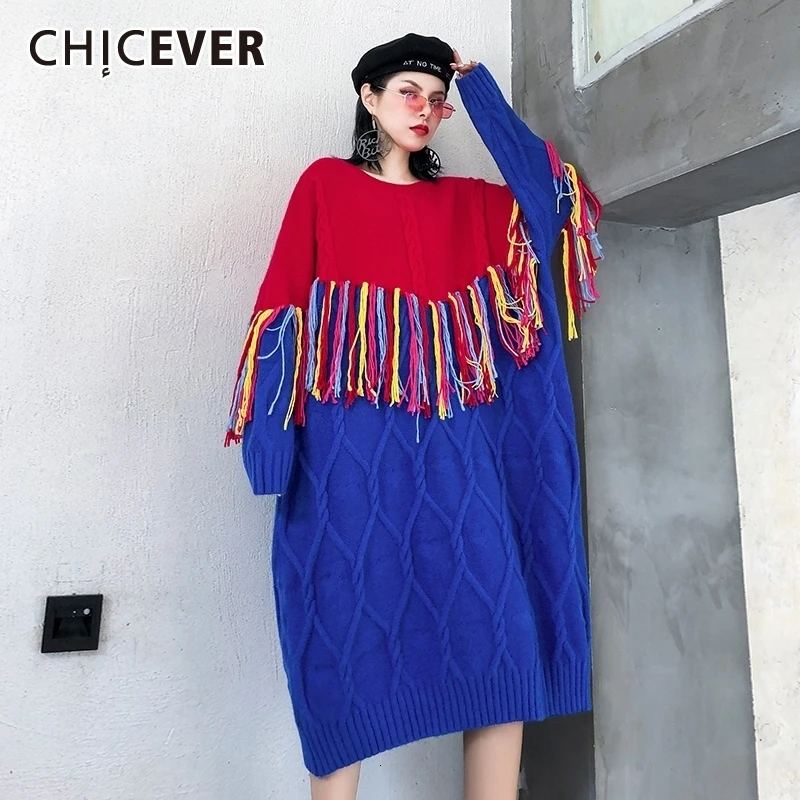 CHICEVER лоскутное платье с кисточками хит разноцветное для женщин О образный вырез