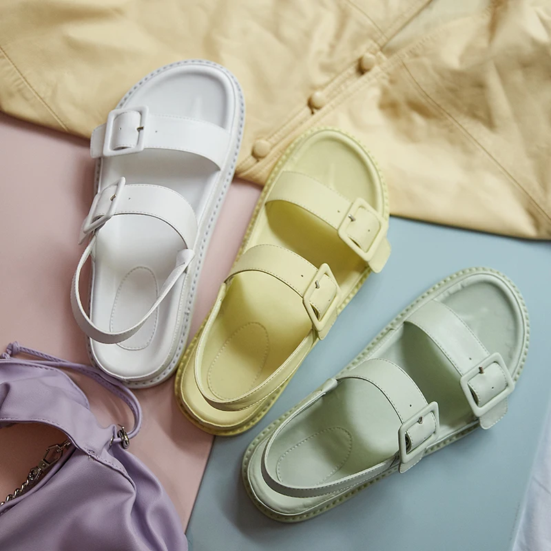 

Open Toe Women Falt Shoes 2021 Summer Platform Genuine Leather Sandals For Women Newest Office Lady Working Shoes Woman