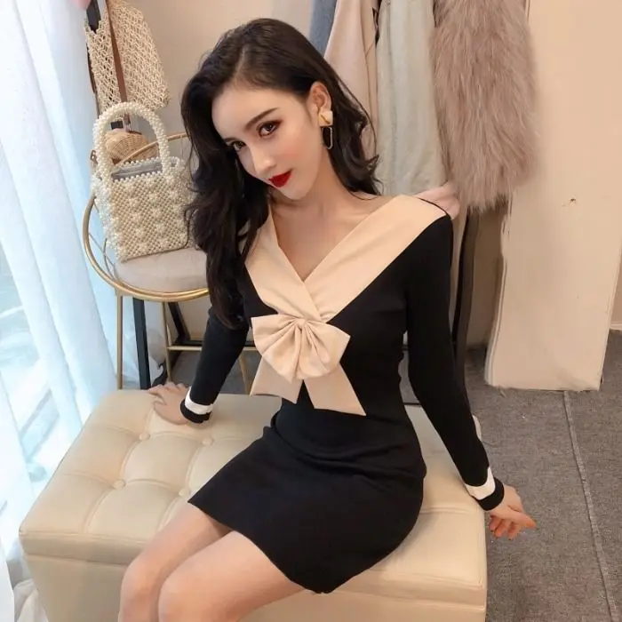 

2021 spring women's new nightclub celebrity net red bow slim stretch knitted Long Sleeve Dress