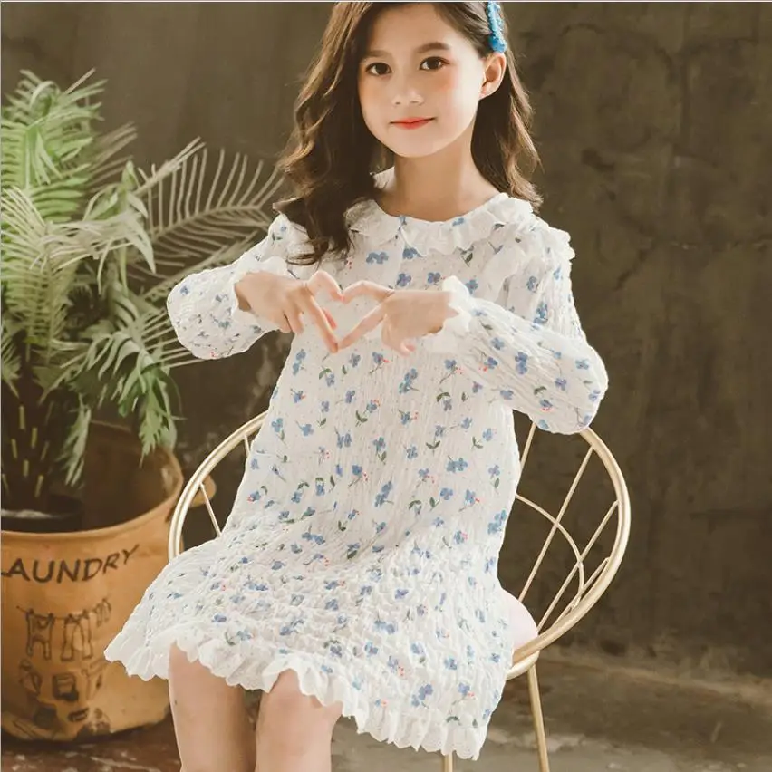 

Summer new sweet print sleep dress children long sleeve ruffles soft cotton pajamas baby girl home clothes kids nightgown WZ76
