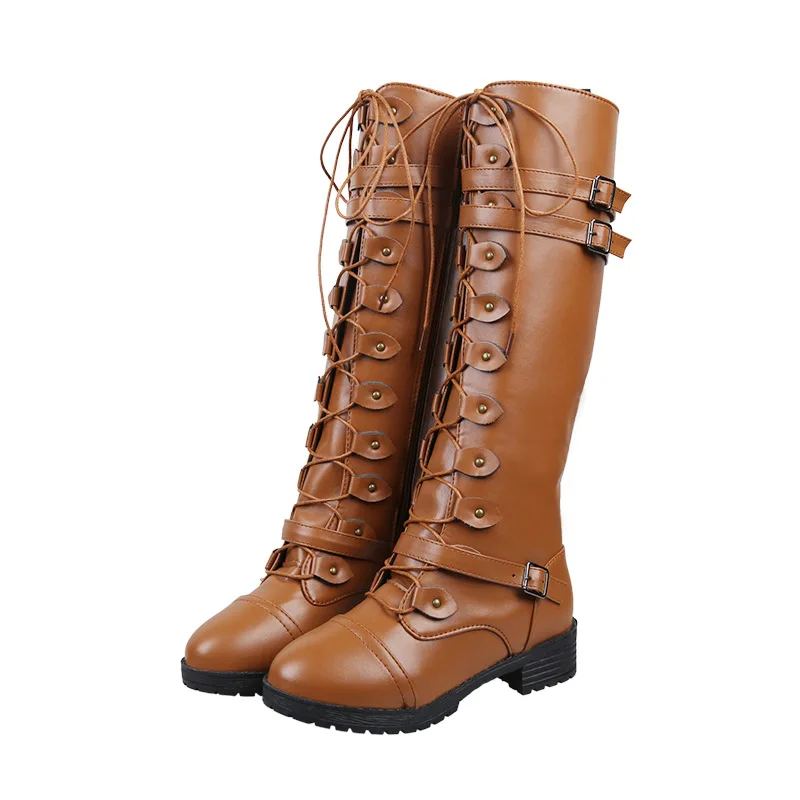 

Женские сапоги до колена с металлической пряжкой, женские римские сапоги на шнуровке, женские крутые сапоги на низком каблуке, женская кожа...