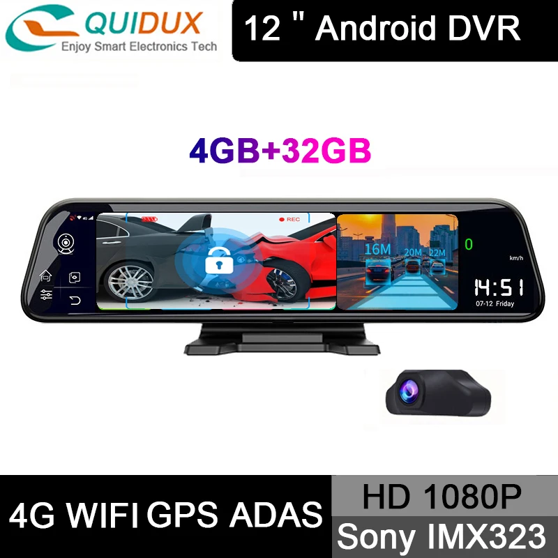 4G Dash Cam 12-дюймовый автомобильный Камера Зеркало заднего вида зеркало DVR ADAS Android 8 1