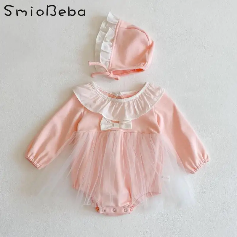 

Baby Girl's Bow Net Long Sleeve Pink Lace Rompers With Hats 100% Cotton Sweet Turn Down Collar Infant 0-36 Months Jumpsuits Kids