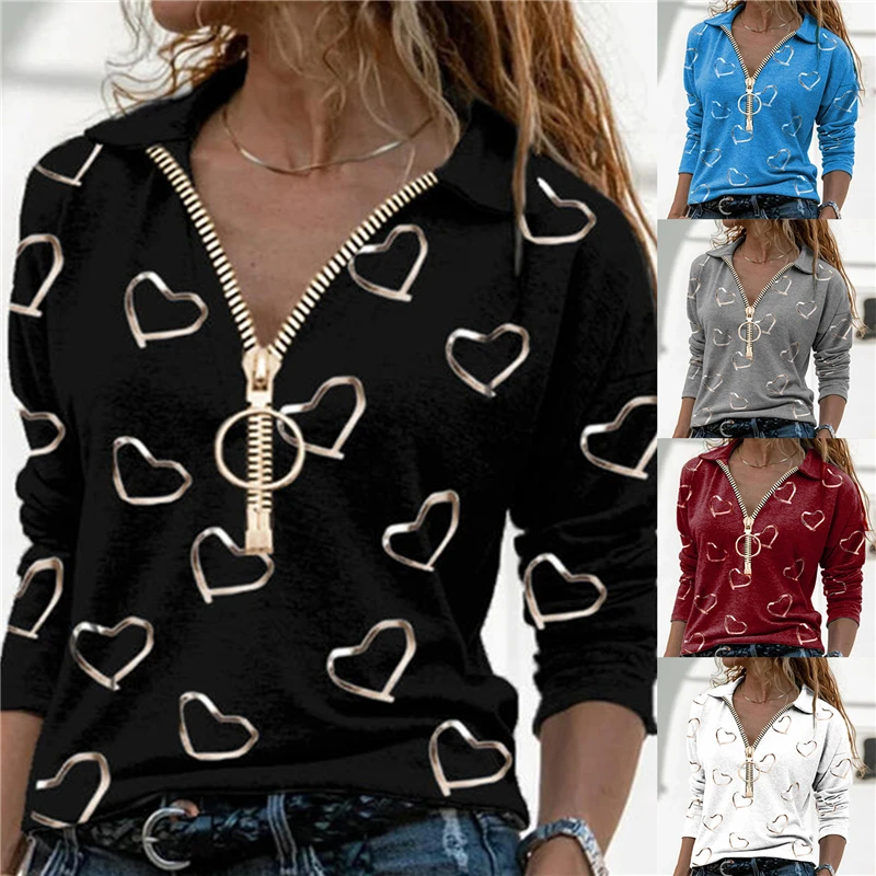 

2021 Autumn Spring Women Heart Print Blouses Casual Zipper V Neck Shirt Long Sleeve Top Elegant Ladies Shirt Streetwear