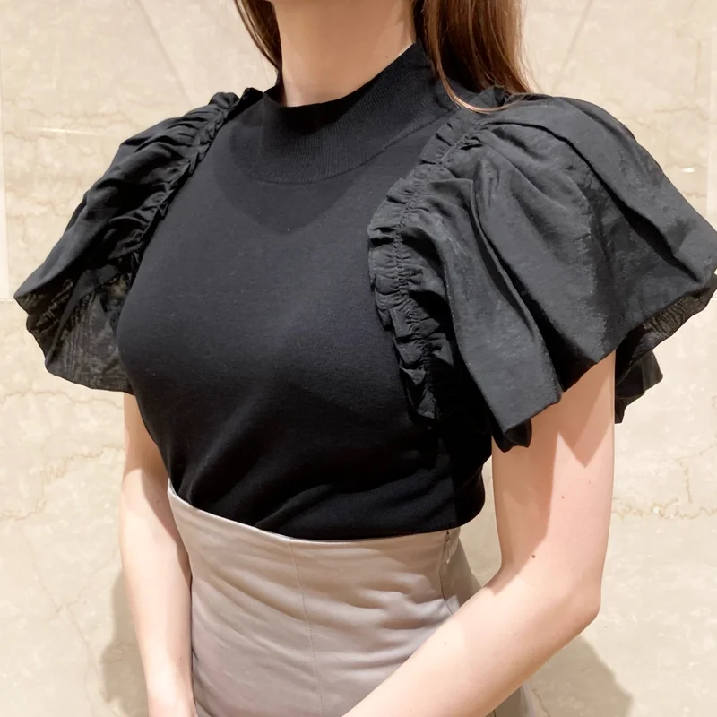 

2021 Japan Style Ruffles Pullovers Flare Sleeve New Elegant Stand Collar Knitted Tops Women All Match Slim Knit Ropa Mujer