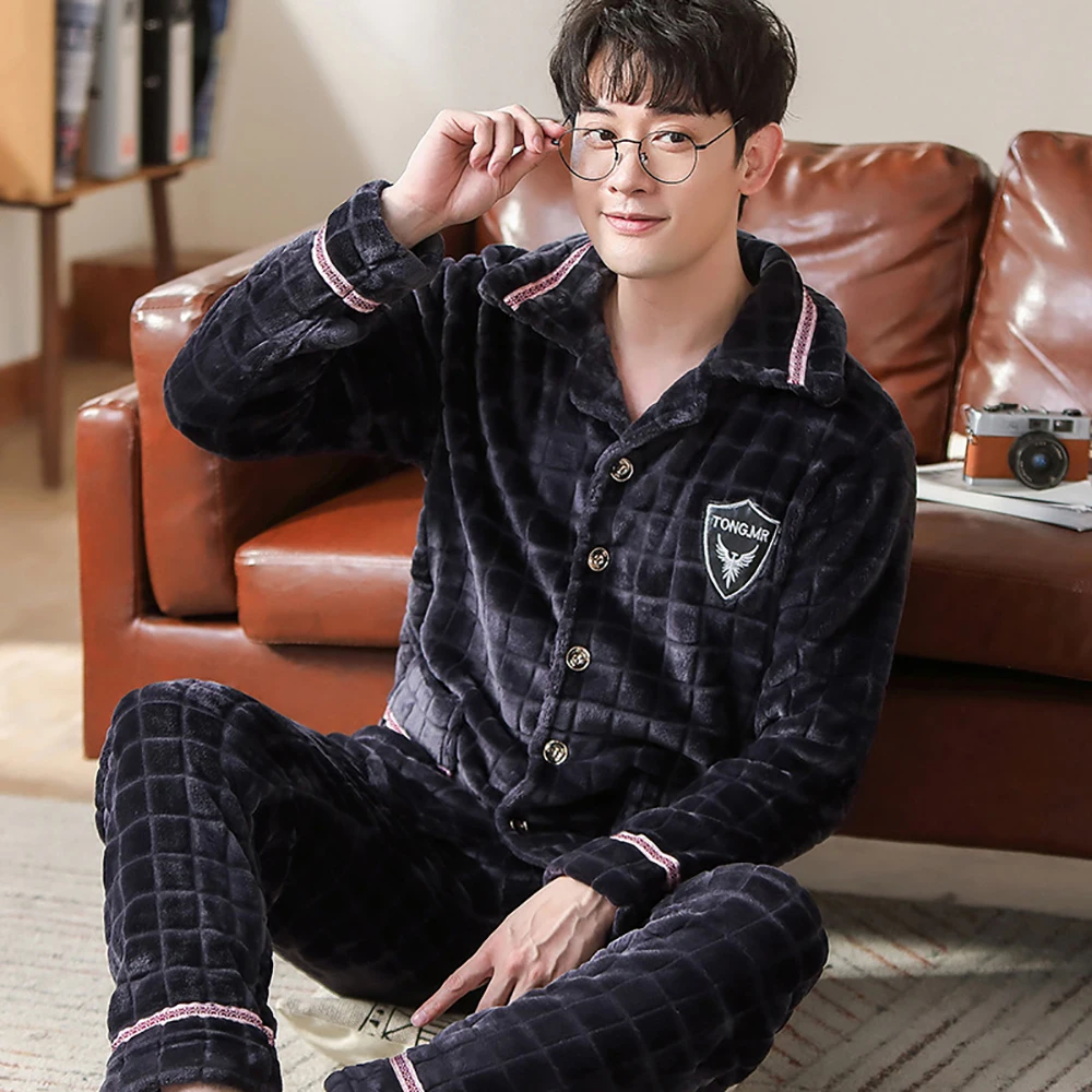 Fashion Winter Man Flannel Pajama Sets Plus Velvet Thick Warm Pijama Male Pajamas For Men Casual Comfort Sleepwear Lounge Set