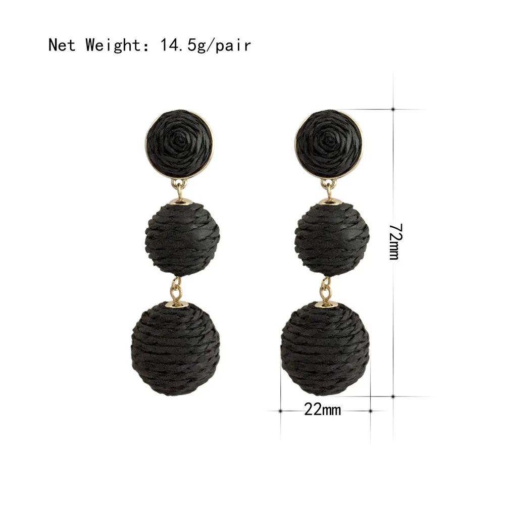 

New Bohemian Style Drop Earrings Gold Color Plating Black and White Raffia Wrapping Ball Dangle Earrings for Casual Party