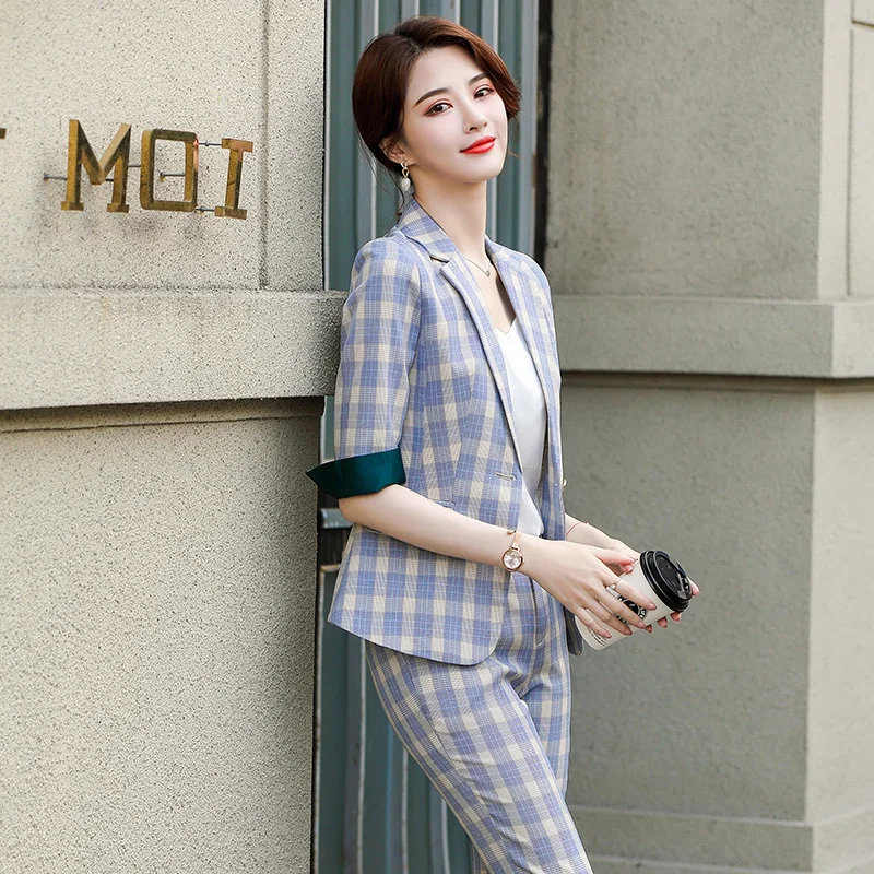 High Quality Fabric Elegant Plaid Formal Uniform Designs Pantsuits Women Business Work Wear Professional Blazers Trousers Sets | Женская