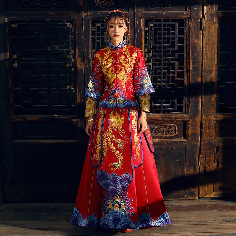 

Chinese Wedding Dress Classic Mandarin Collar Cheongsam Marriage Suit Embroidery Phoenix Traditional Qipao Ancient Vestidos