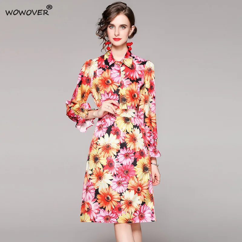 

Autumn Fashion Runway Sunflower Print Two Piece Dress Sets Elegant Long Sleeve Floral Blouse Women's Suits with Skirts Outfits