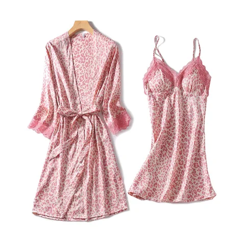 Сексуальная кружевная леопардовая Пижама искусственный шелк женская летняя одежда для сна, юбка на бретельках платье банный комплект атласные женские пижамы, домашняя одежда