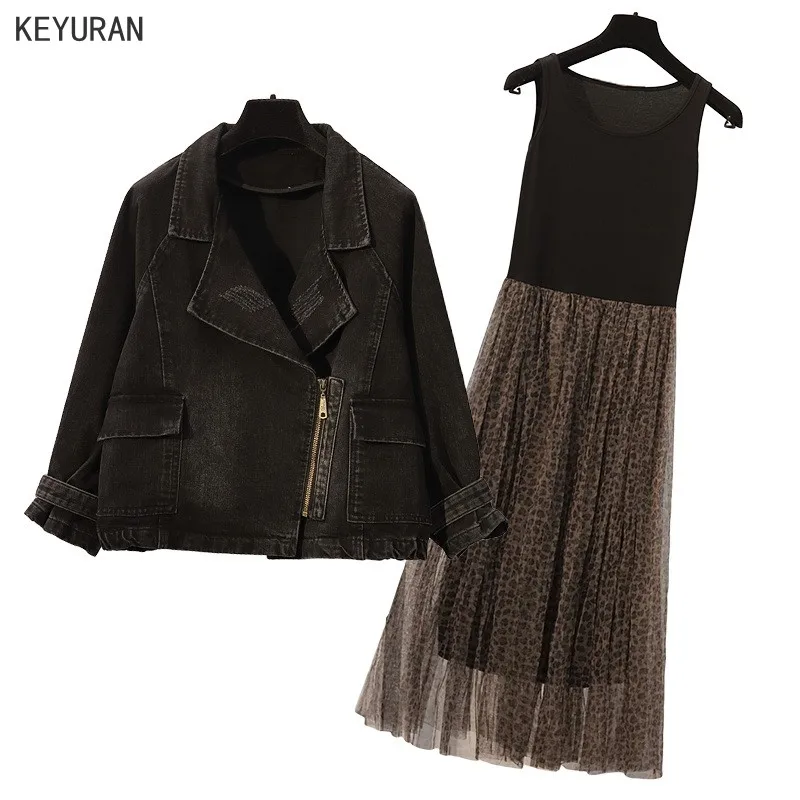 Женская черная джинсовая куртка и сексуальное Сетчатое платье модель 2020 года