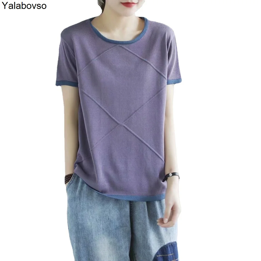 

O Neck Knitted Short Sleeve Women's Summer Tshirts 2021 New Loose Tees Thin Versatile Thin T-shirt Women's Tops Yalabovso