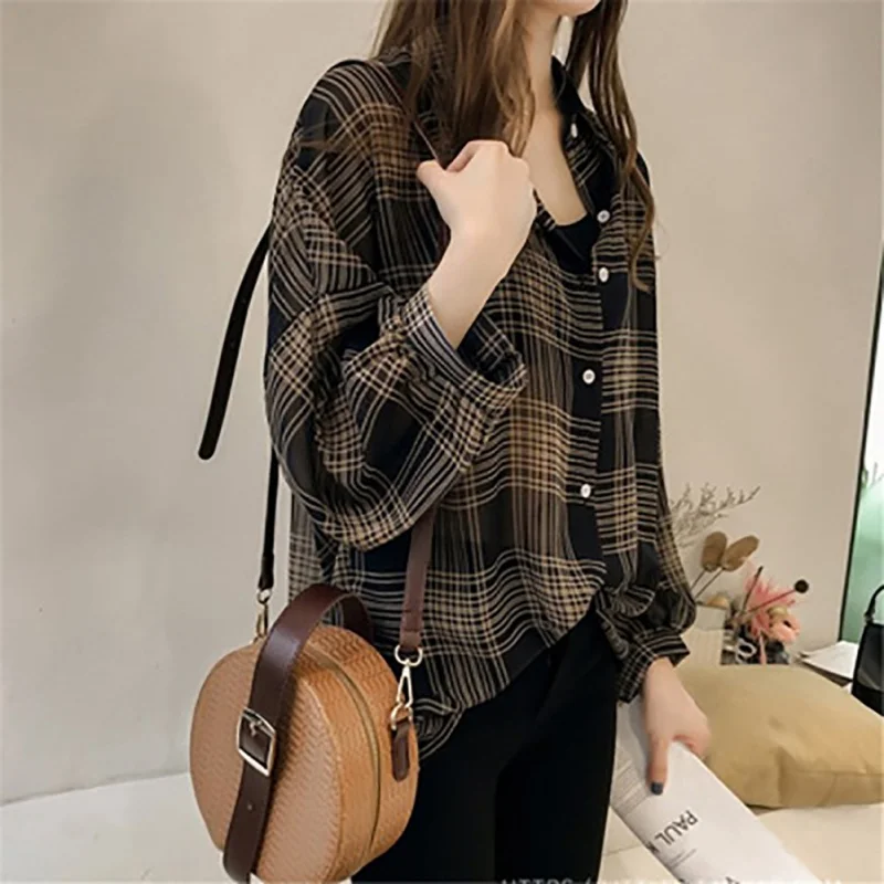 

Spring Plaid Shirts Women Batwing Sleeve Chiffon Blouses Casual Chemise Femme Tops Plus Size M-4XL