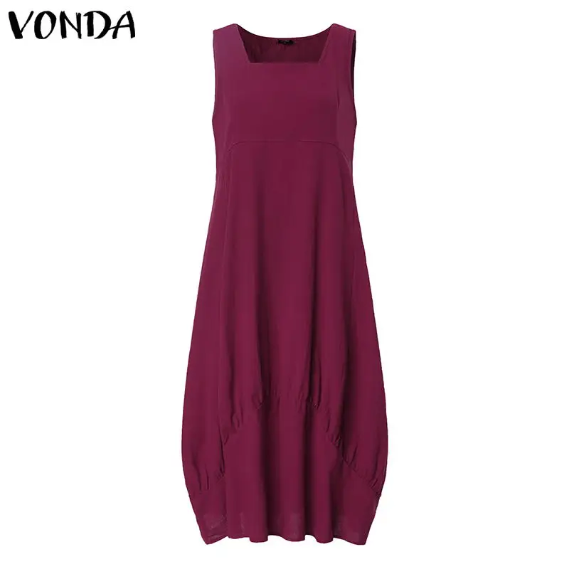 Wine Red Женское платье VONDA летние сексуальные хлопковые платья без рукавов с квадратным вырезом до середины икры повседневные свободные винтажные платья размера плюс Vestidos - Цвет: Wine Red
