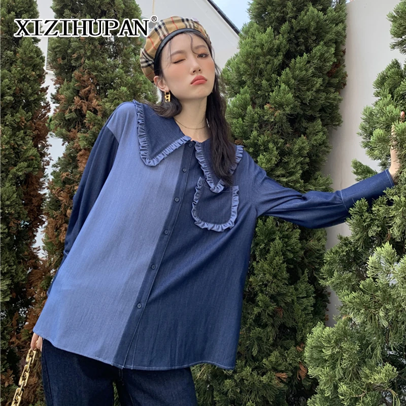 

XIZIHUPAN Vintage Blue Two Tone Shirt For Women Peter Pan Collar Long Sleeve Patchwork Pocket Loose Blouses Female Autumn 2021