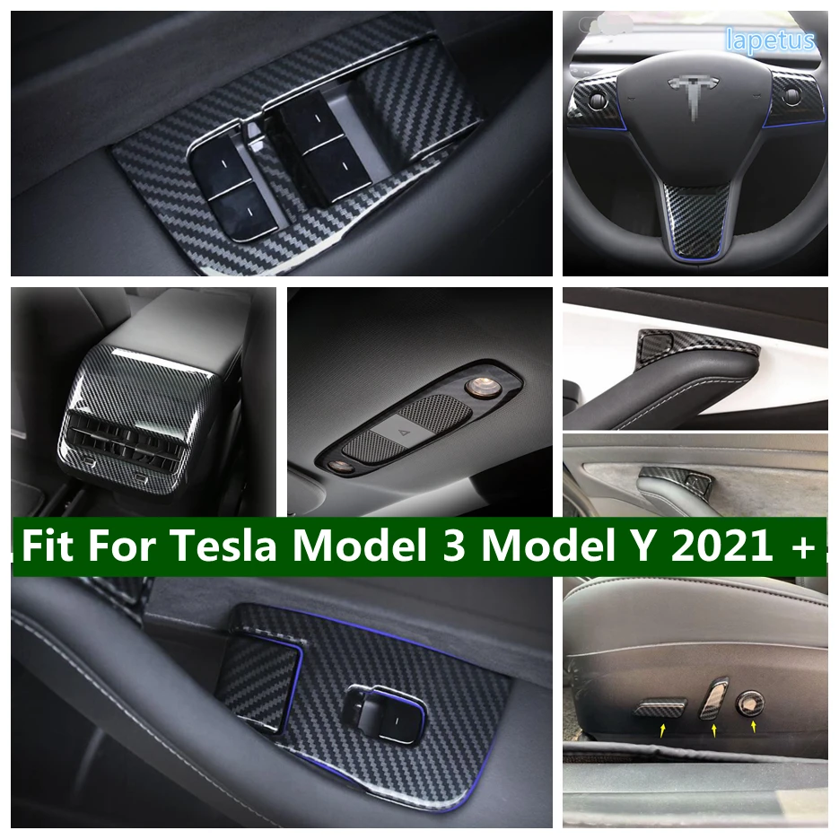 

Carbon Fiber Look Seat Adjust Button / AC Vent / Roof Reading Light Lamp Cover Trim For Tesla Model 3 Model Y 2021 Accessories