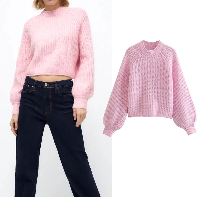 

Za Pink Sweater Women Pulovers Cropped Knitted Sweater Woman Puff Long Sleeve Top Female Autumn 2021 Short Cute Sweater