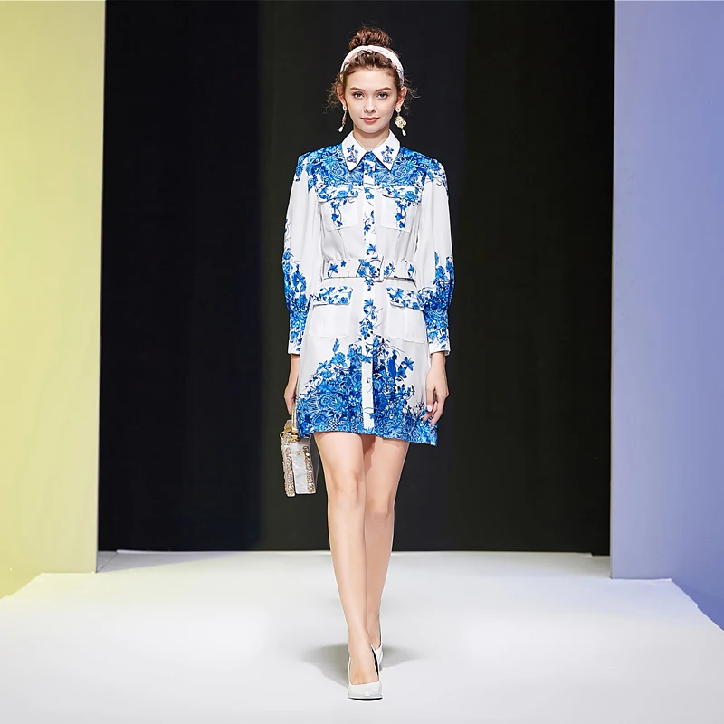 

Runway fashion gorgeous blue print lapel sequins appliques Lantern Sleeve new Women Elegant Vintage mini dress