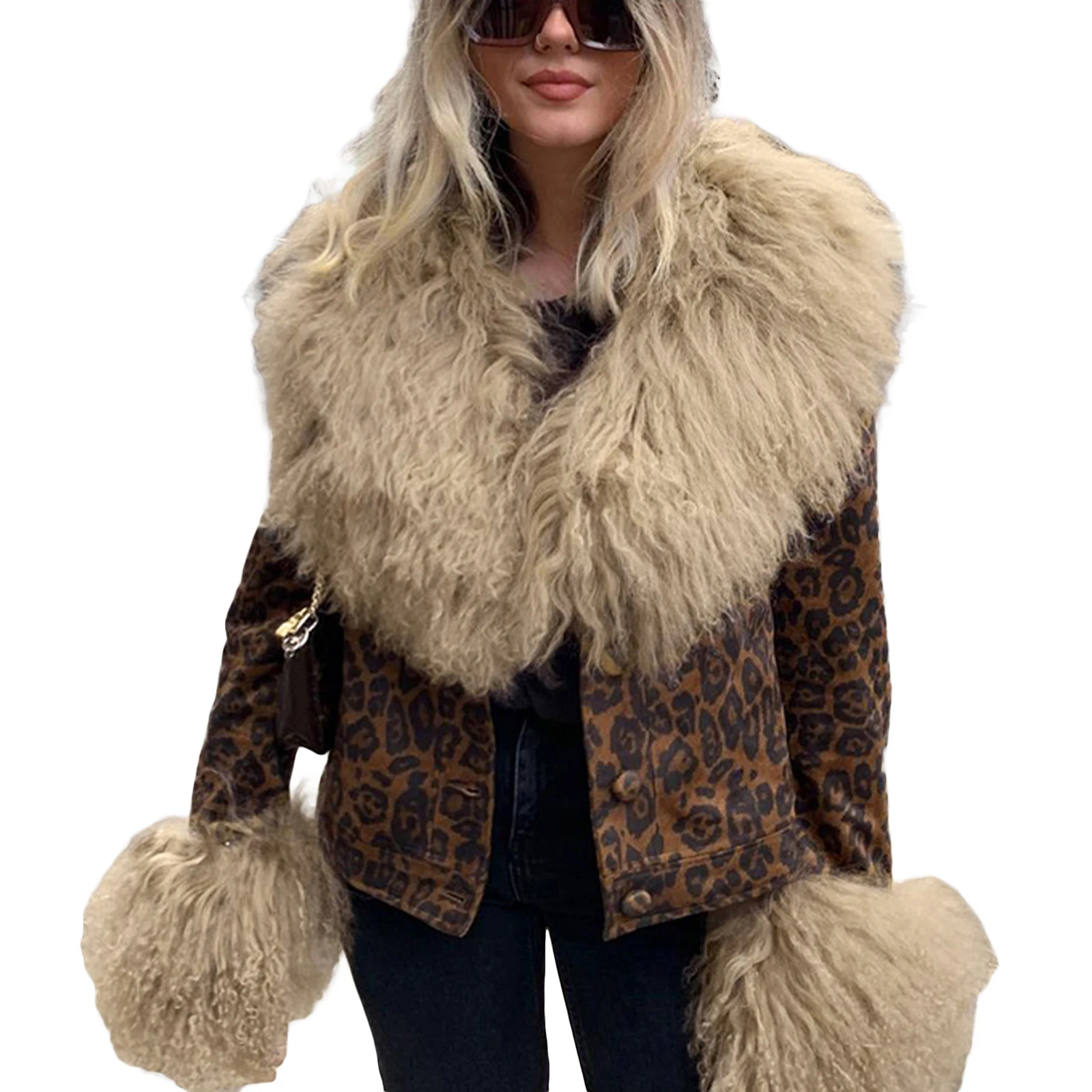 

New Women's Winter Jacket Long Sleeve Fluffy Leopard Hair Warm Single Breasted Casual Coat