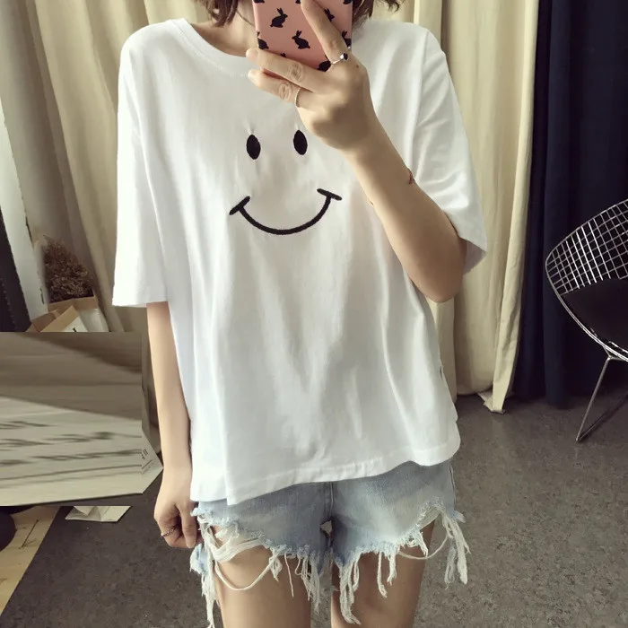 Новинка одноцветная женская футболка со смайликом повседневная хлопковая