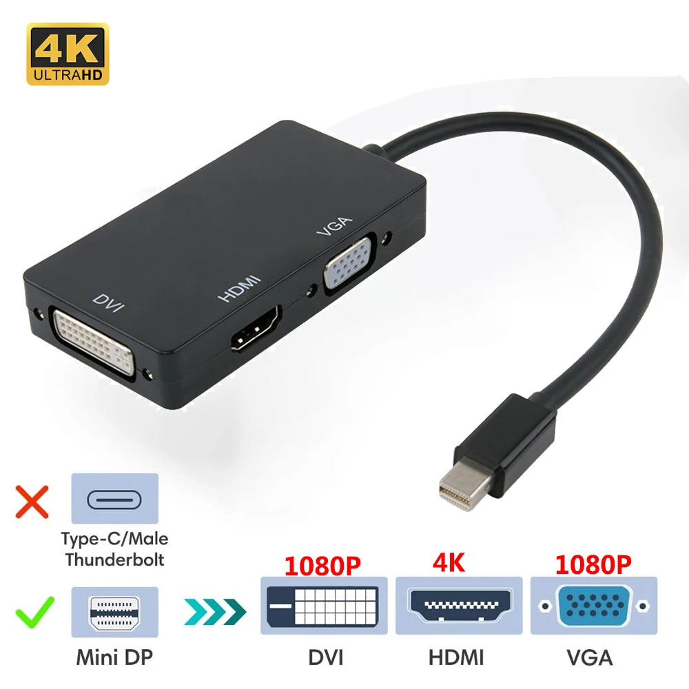 Преобразователь Mini DisplayPort в 4K HDMI-совместимый 1080P VGA DVI для Macbook Pro Air Thunderbolt проектор