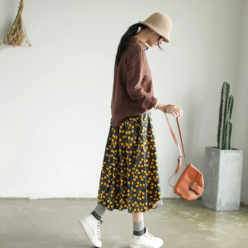 Осенняя винтажная хлопковая юбка в горошек с карманами простая Универсальная