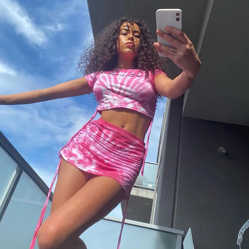 

Women's Tie-dye Outfits 2-Piece Summer Drawstring Lace Up Bag Hip Skirt and Short Sleeve Crop Top Suit