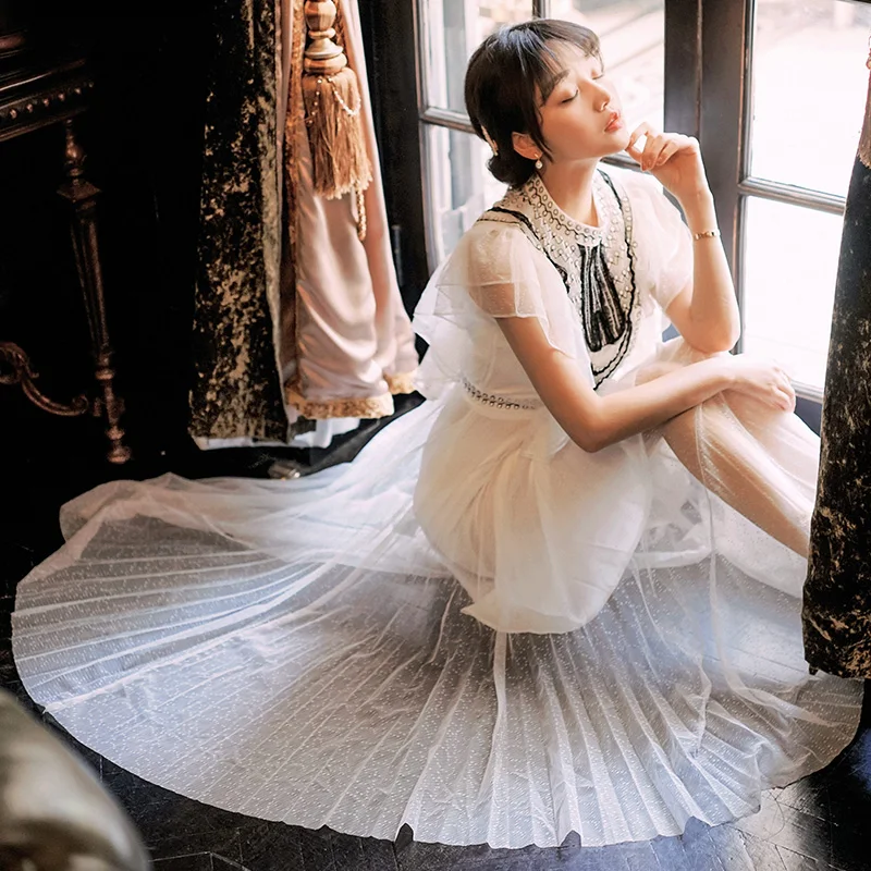 Винтажное женское платье с оборками Сетчатое кружевное французское нишевое