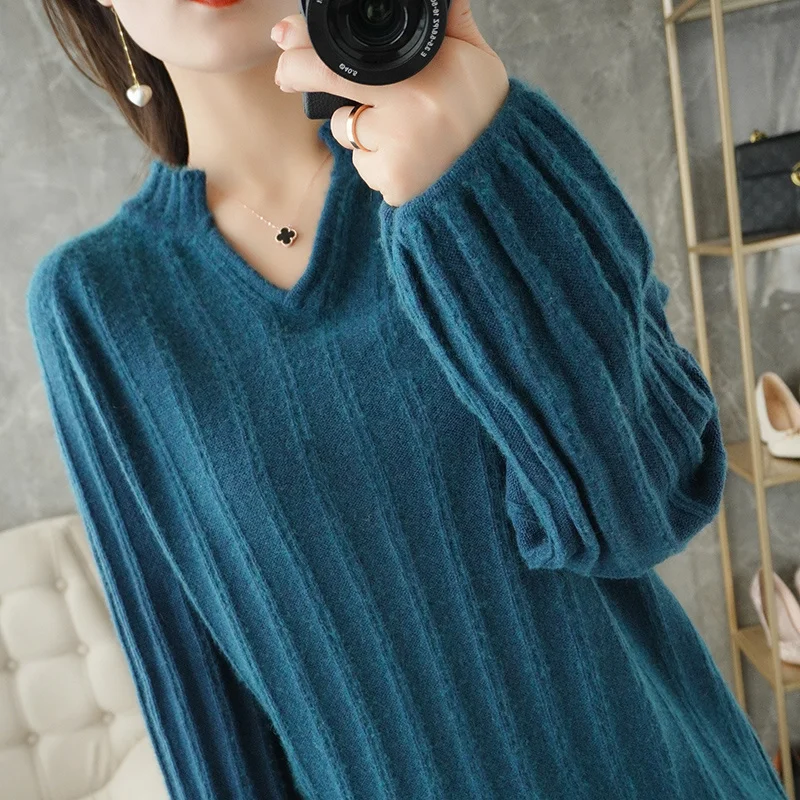 

100% Pure Wool Cashmere Sweater For Fall/Winter Ladies V-neck Pullover Loose Casual Knit Tops Korean Thickened Female Jacket