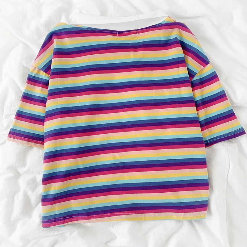 Летняя свободная короткая футболка радужного розового цвета с отложным