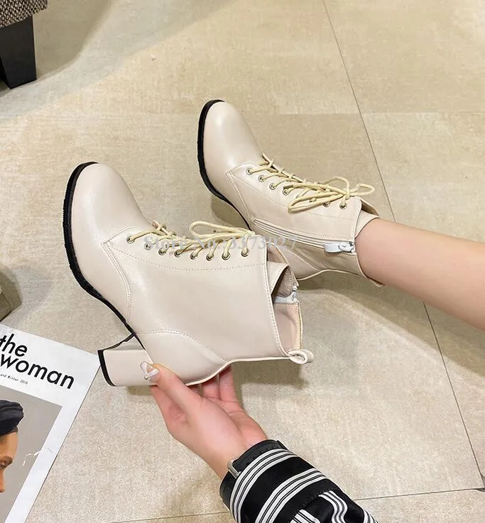 Harga Baru Tumit Tebal Wanita Semata Kaki Fashion Renda-Up Anggur Merah Beige Hitam Sepatu Bot Pendek Seksi Wanita Sepatu Dropship Wanita Sepatu Bot
