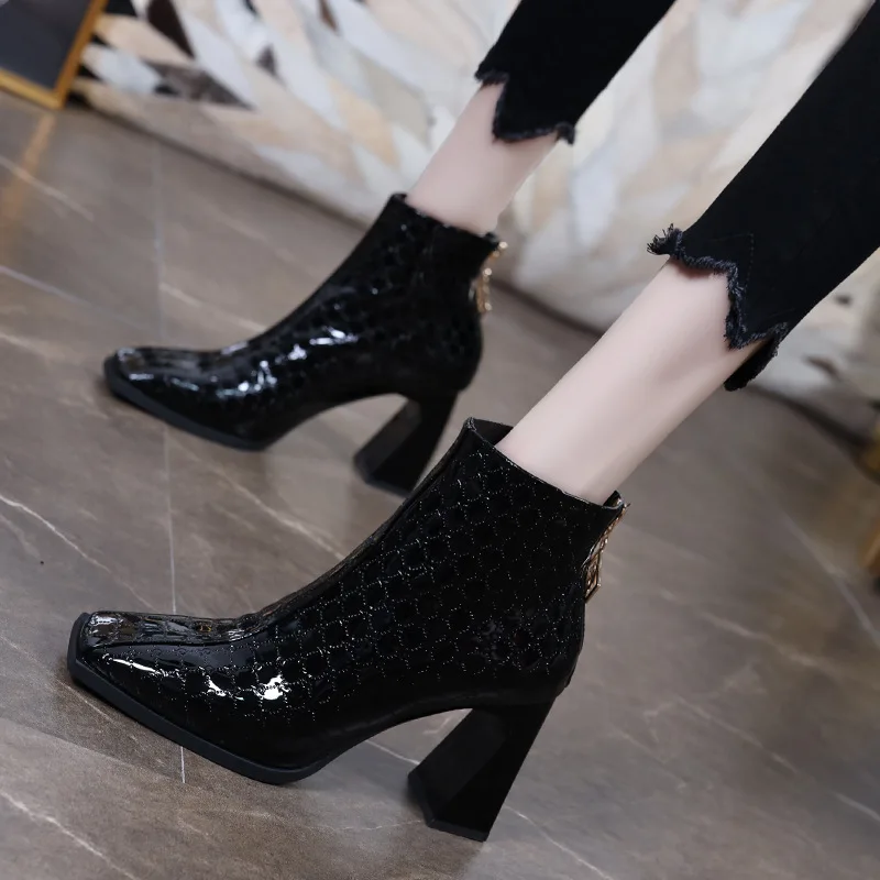 

British All-match Short Boots Women Autumn New Patent Leather Wine Glasses Heel Women Boots Temperament High-heeled Nude Boots