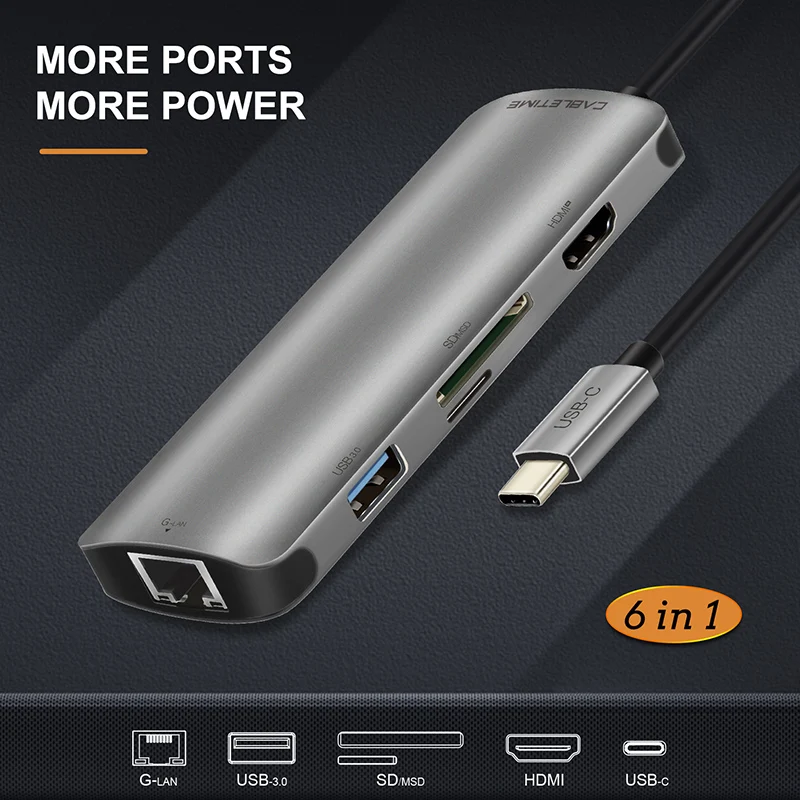 Кабель USB C Hub Type c к HDMI SD/TF AUX адаптер USB-C конвертер 6 в 1 для MacBook air Huawei Mate20/30/P30 pro C041 |
