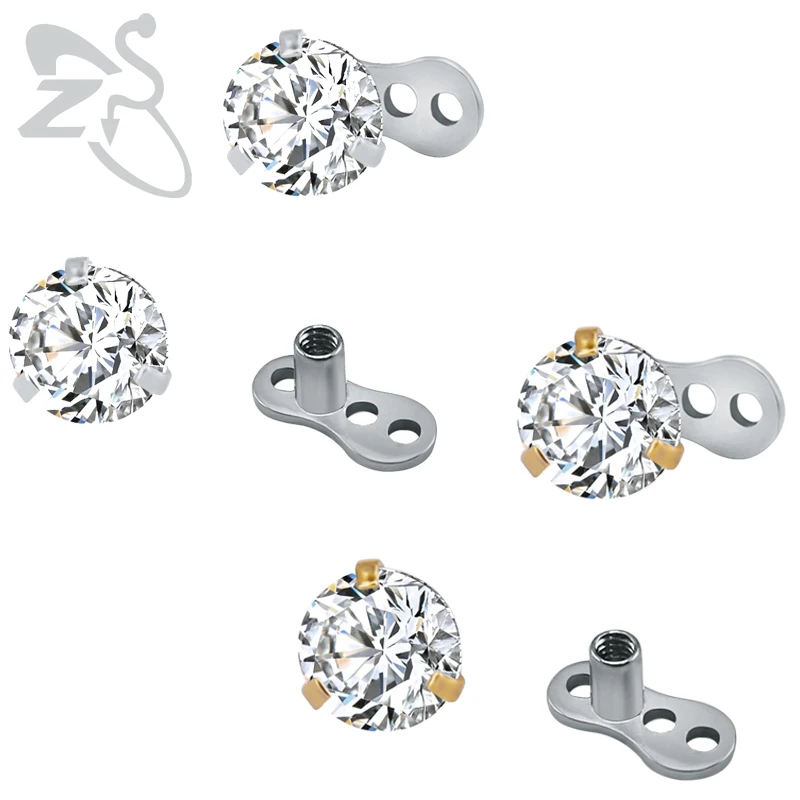ZS 2Pcs/lot CZ Crystal Round  Skin Diver  Dermal Piercings 316L Stainless Steel Micro Dermal Anchor Hide in Surface Body Jewelry