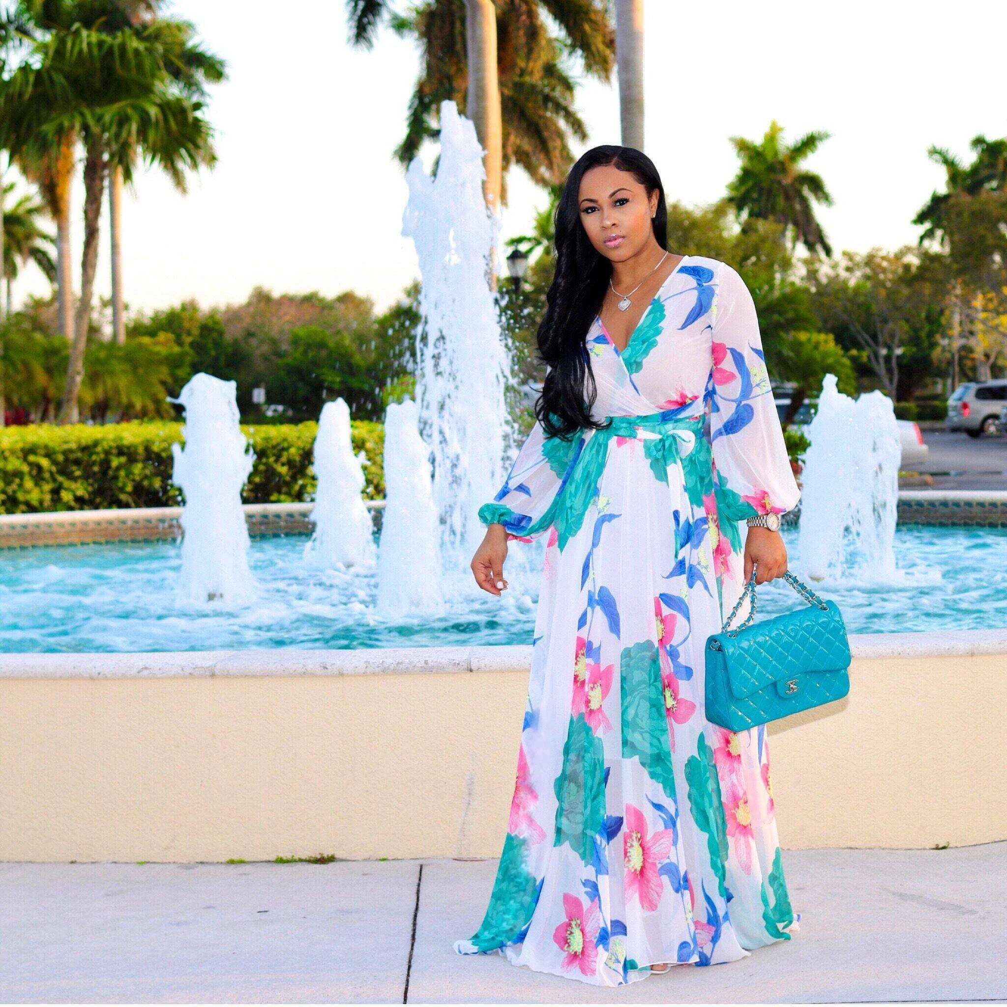 

Women's Sexy Deep V Neck Long Sleeve Floral Print Split Chiffon Maxi Party Dress Fashion Big swing dresses