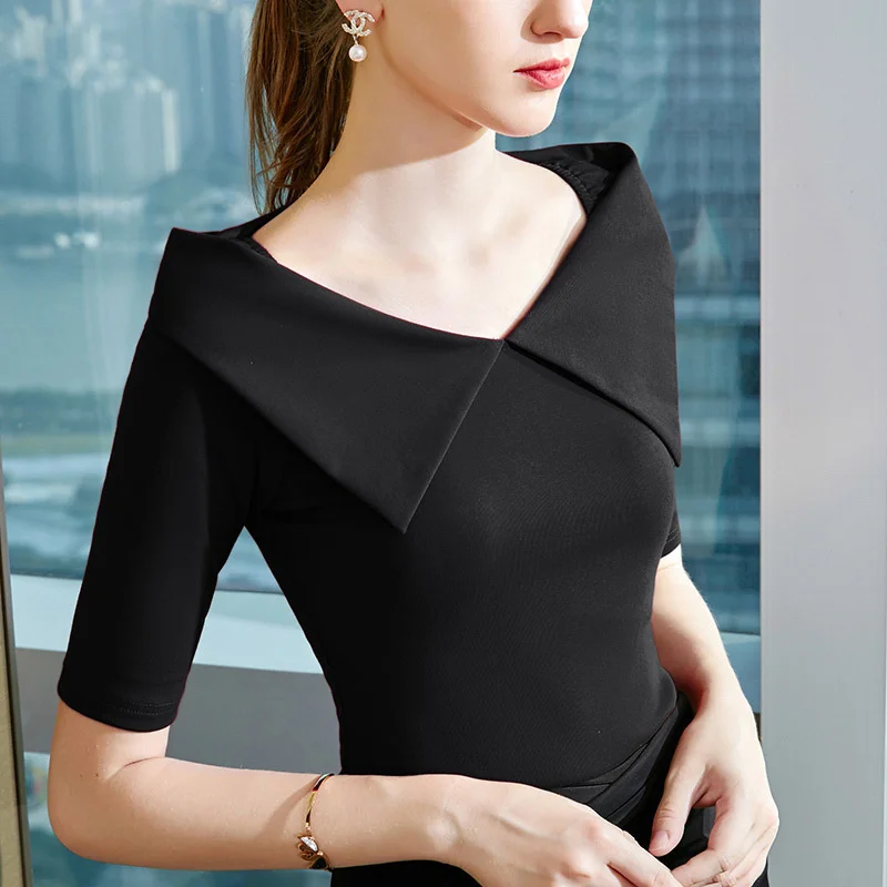 

Design sense middle sleeve T-shirt women's 2021 spring and autumn fashion new women's 5-sleeve French Lapel top