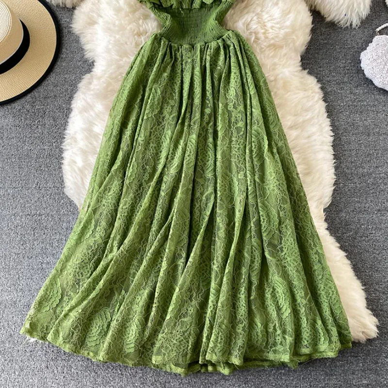 

2021 Summer Dress Women Sleeveless O-neck Slim Lace Dresses High waist Lady Elegant Ruffle Long Dress Party Vestidos