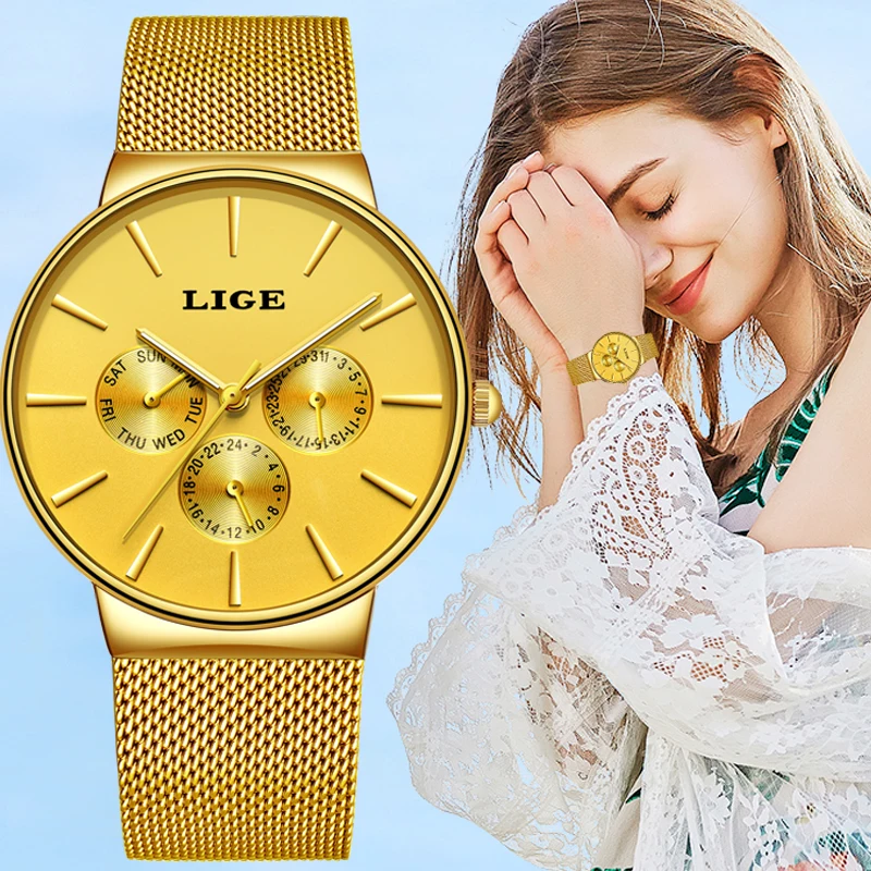 Часы наручные LIGE женские кварцевые брендовые Роскошные полностью золотистые с