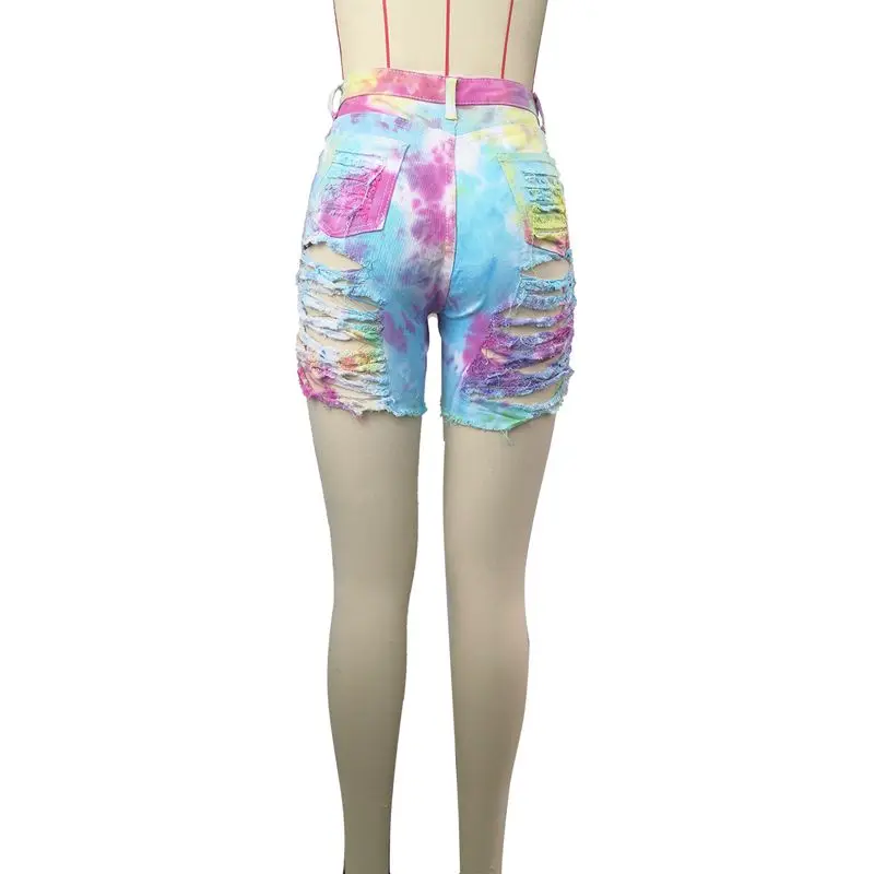 

TNNAOFF Sexy Plus Size Tie Dye Camo Ripped Jeans for Women Fashion Elastic High Waist Skinny Button Denim Shorts Streetwear