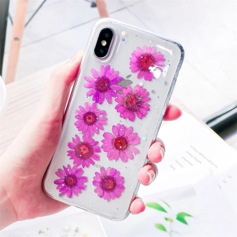 Чехол для телефона с настоящими цветами и сушеными цветами для iPhone X, XS, XR, XS, Max, 6, 6 S, 7, 8 Plus, прозрачная блестящая красивая мягкая задняя крышка из ТПУ