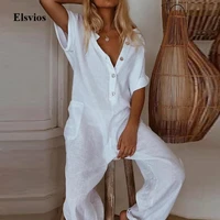 casual women cotton linen jumpsuit summer short sleeve floral print playsuits overalls sexy v neck button loose rompers bodysuit