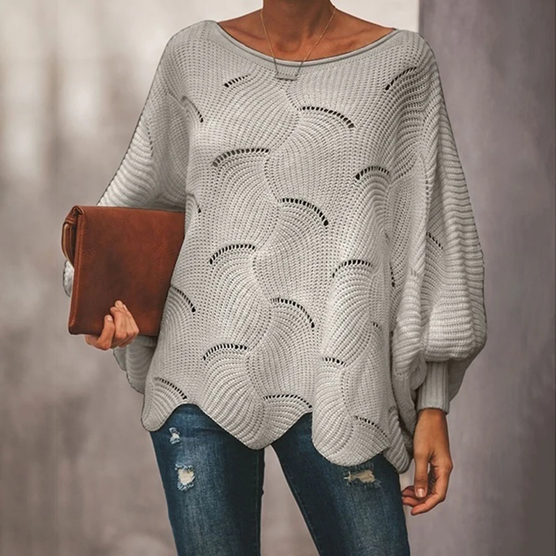 

Fashion Ladies Pullover Solid O-Neck Jumper Batwing Sleeve Knitting Sweater Women Loose Hollow Out Sweater