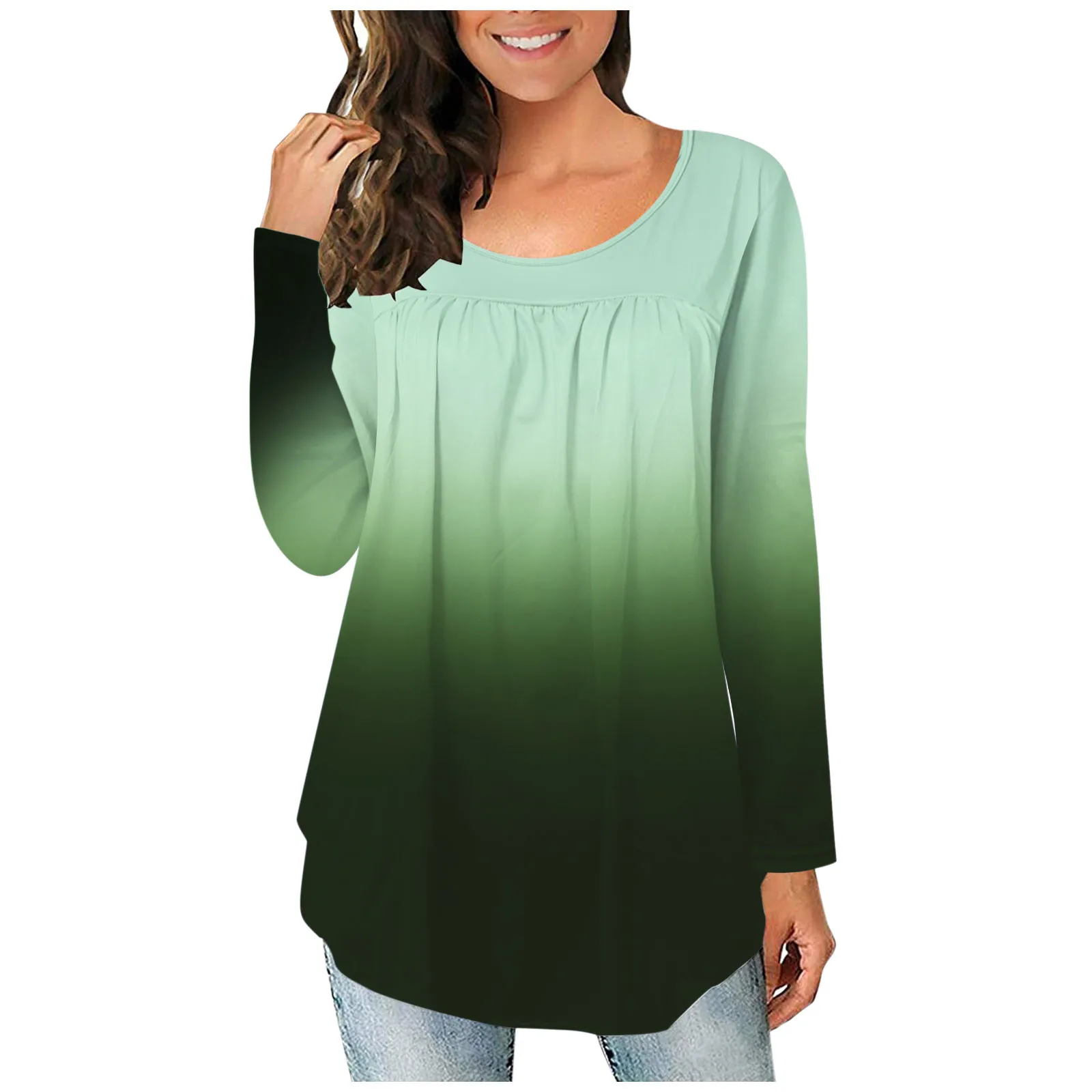 

Женские Плиссированные градиентные футболки, повседневный топ с круглым вырезом и длинными рукавами, женская уличная одежда в стиле Харадз...