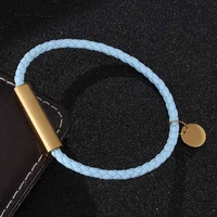 simple charm jewelry blue braided leather bracelet women men stainless steel magnet buckle couples leather wristband sp0717