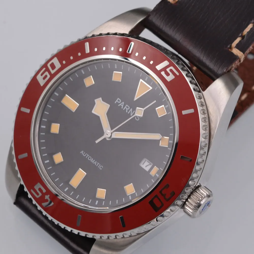 Parnis 43mm Black dial Brown leather strap automatic men's fashion casual mechanical watch | Наручные часы